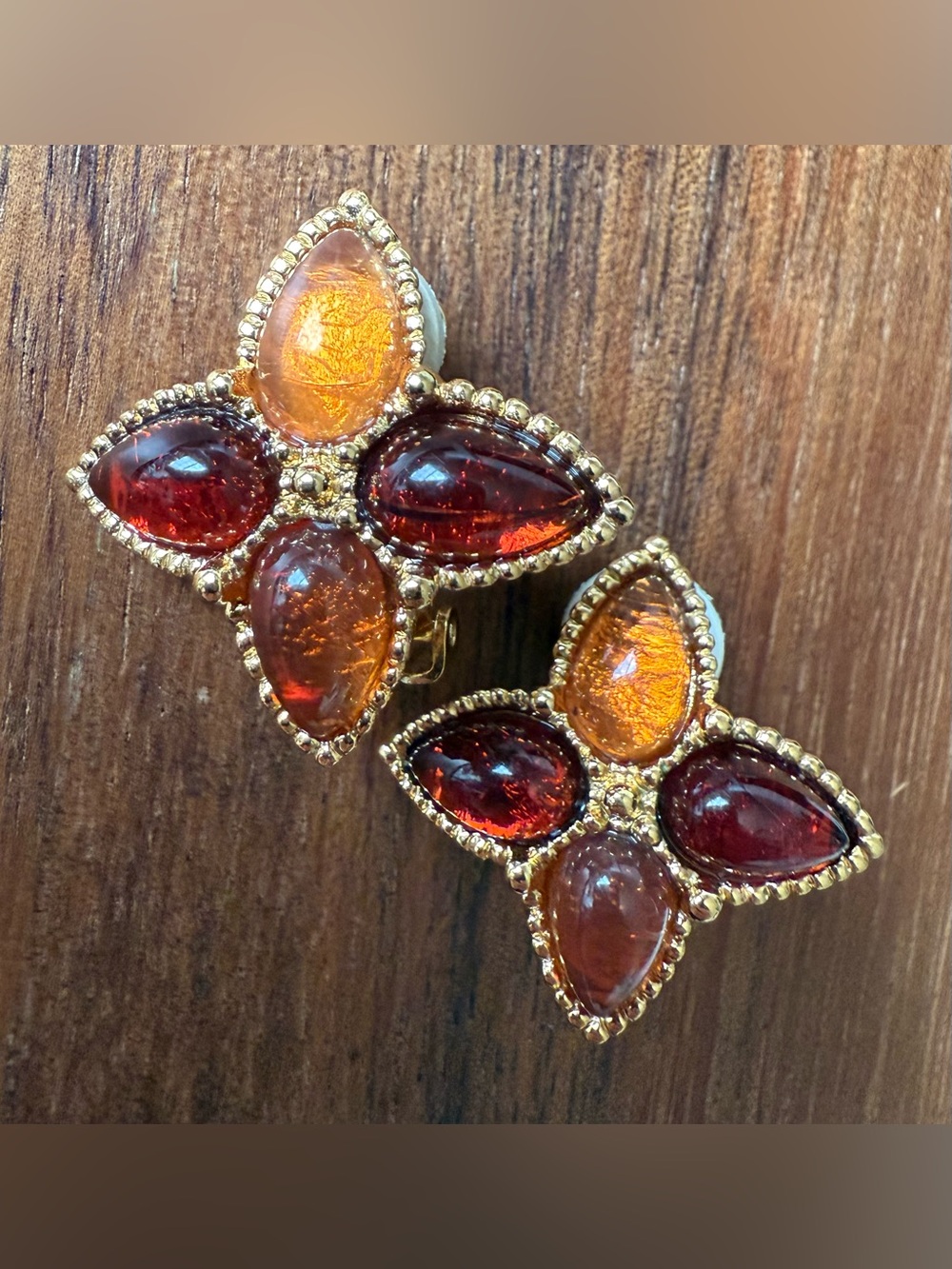 Vintage Gold Tone Earrings with Amber Colored Acrylic Cabochons